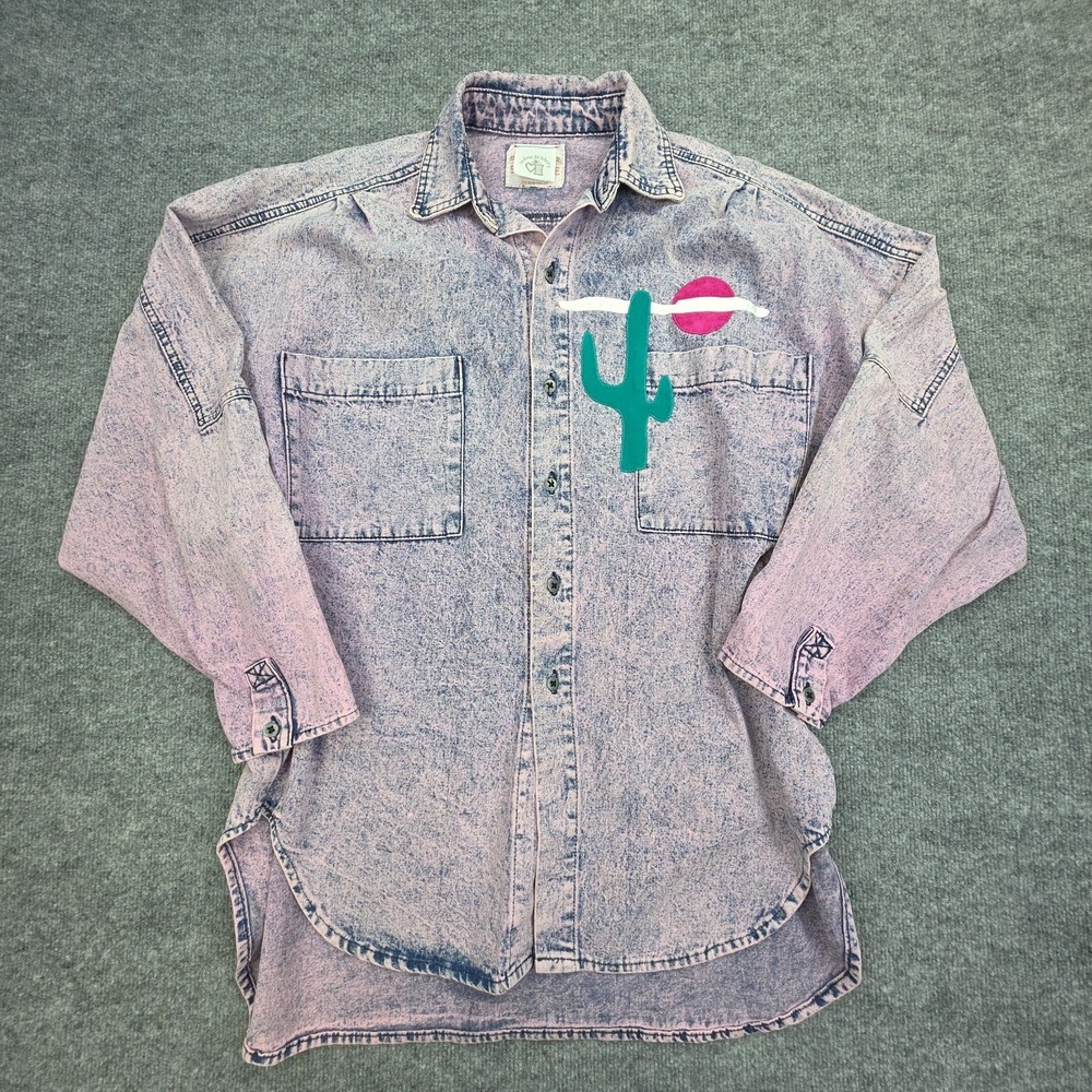 Sundance Sedona Stitchery Chambray Shirt Men's XXL Pink Denim Embroidered Aztec